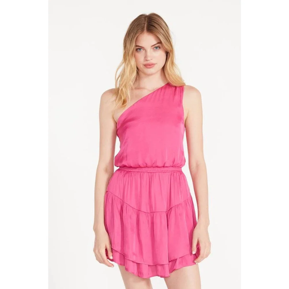 STEVE MADDEN On Pointe 1 Shoulder Tiered Mini Dress Rasberry Fuchsia BM208009 M - Picture 5 of 6